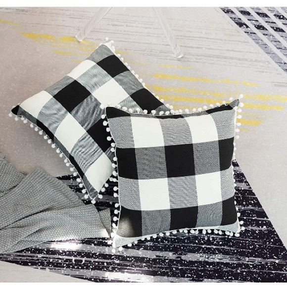 Classic Black/White Gingham Pompom Farmhouse Preppy Throw Pillow Cover Twin Set - Picture 3 of 10
